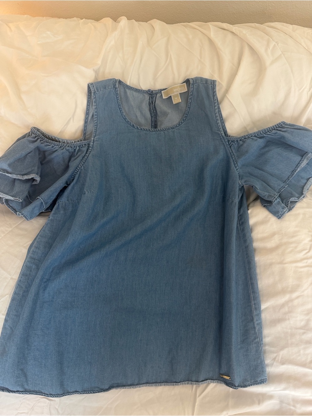 Michael Kors Denim Blue Cold-Shoulder Ruffle Top - Picture 2 of 3
